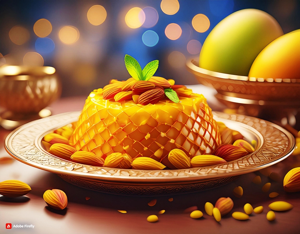 close up shot of a plate containing the Arabian sweet Mango Kunafa with mangoes and dryfruit