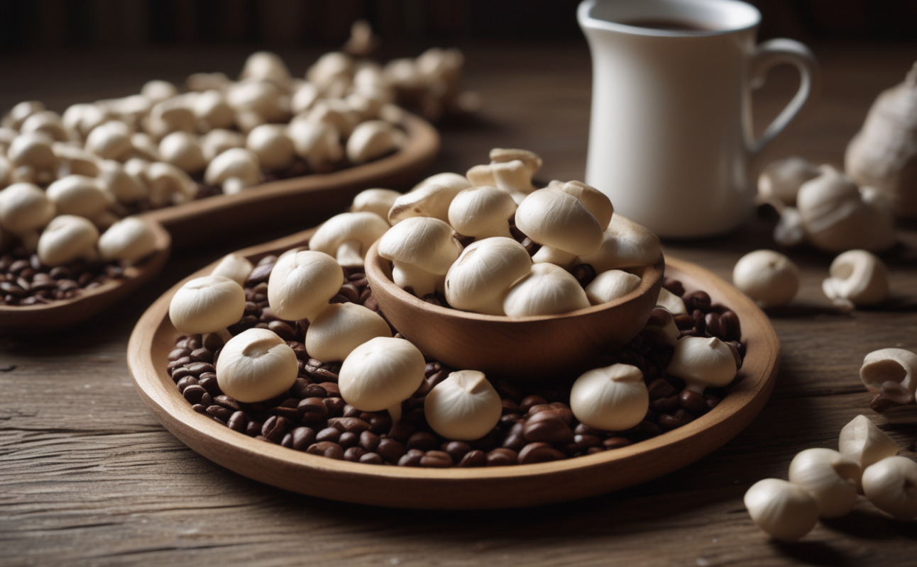 Mushrooms and coffee beans on table