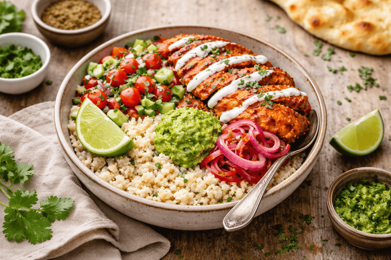 Top angle of Indian-inspired Burrito Bowls